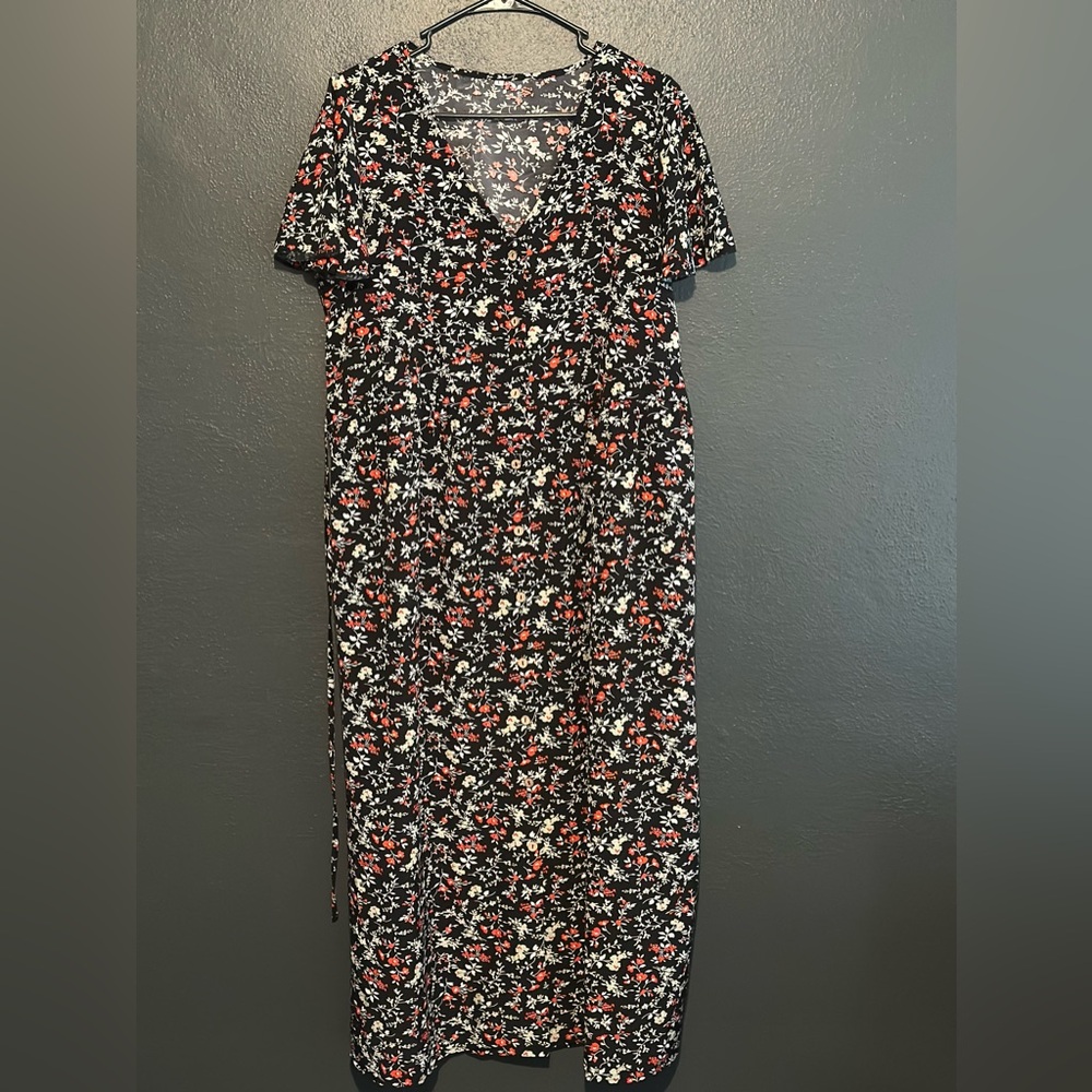 Black Floral Midi Dress with Red and White Flowers